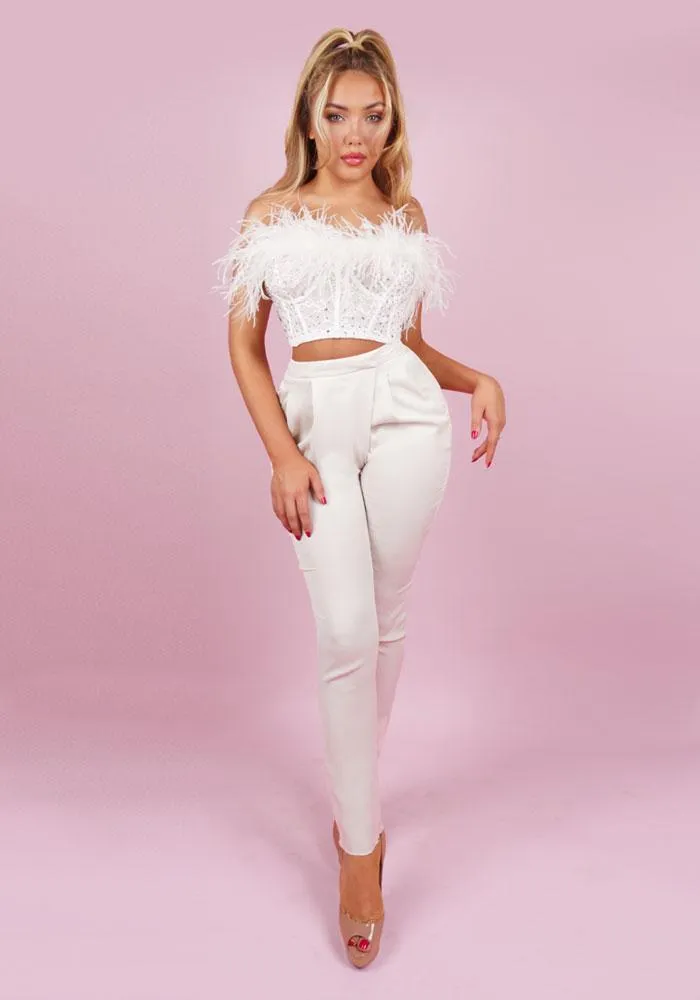 Anja White Ostrich Feathers Structured Bustier Top