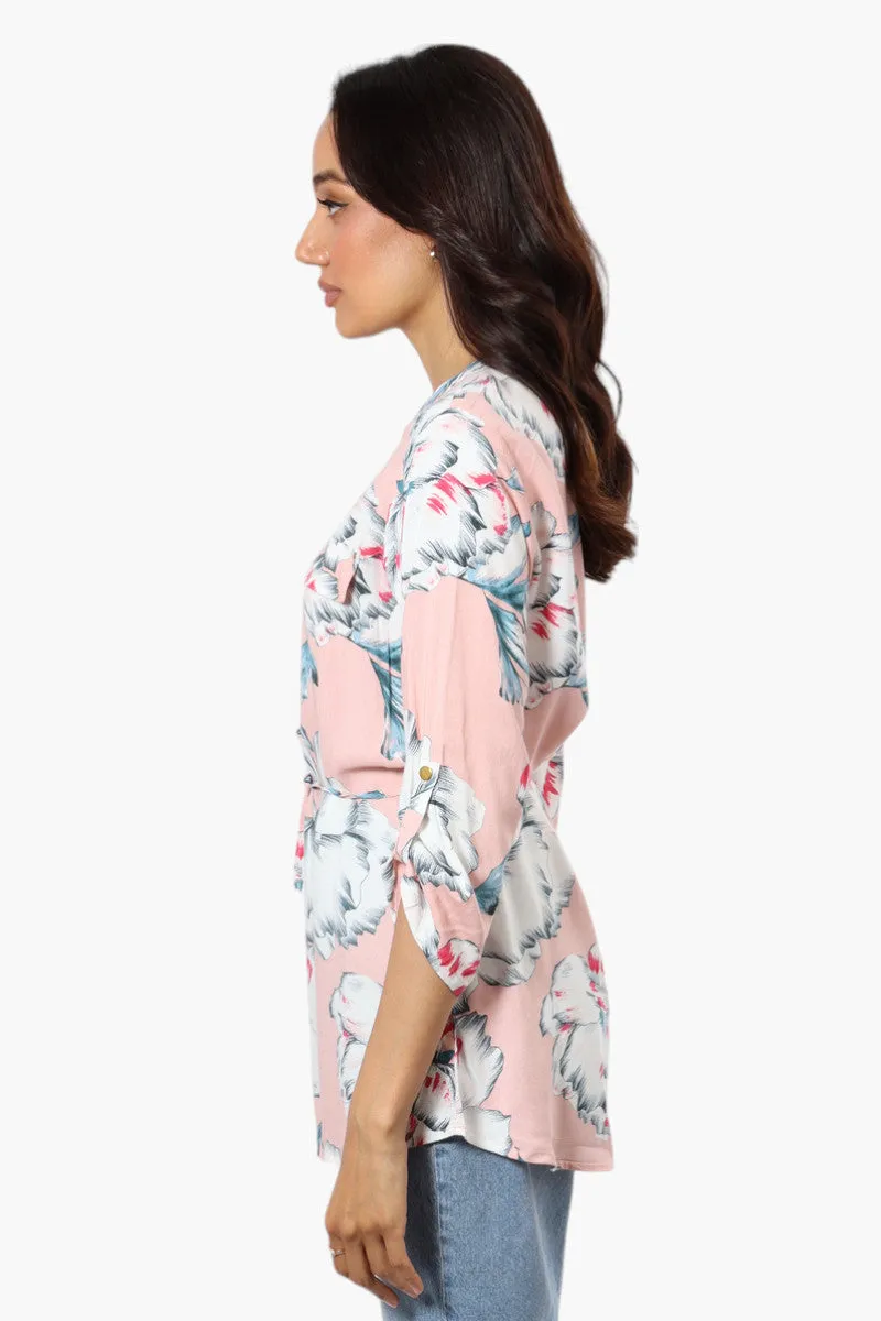 Beechers Brook Floral Belted Roll Up Sleeve Blouse - Pink