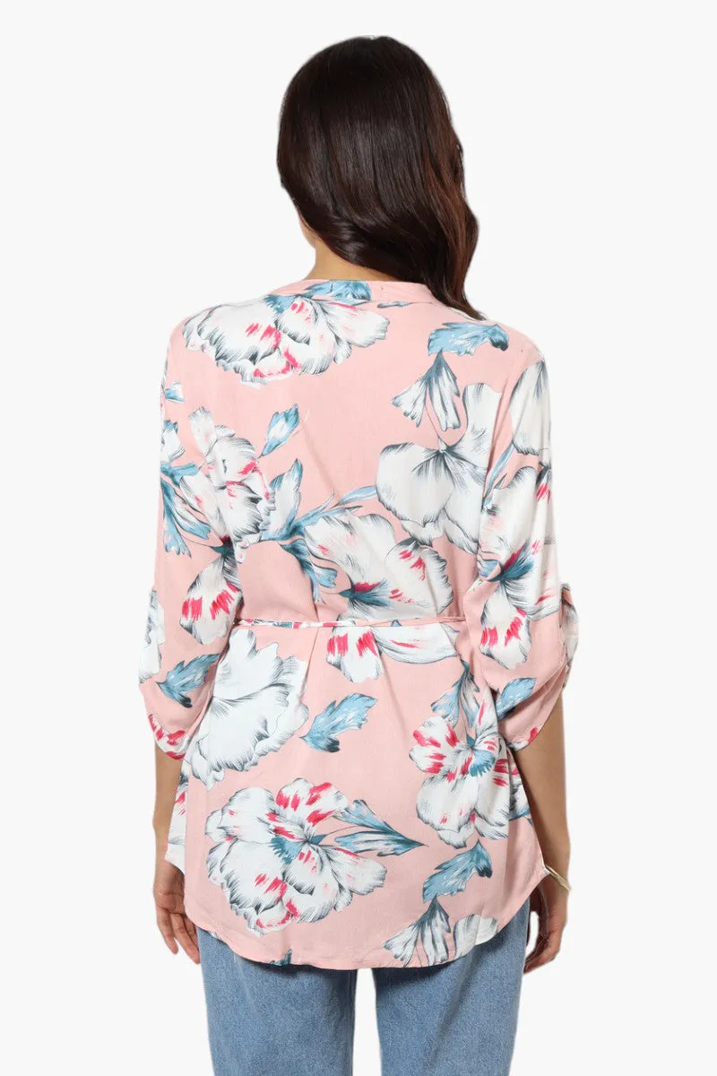 Beechers Brook Floral Belted Roll Up Sleeve Blouse - Pink