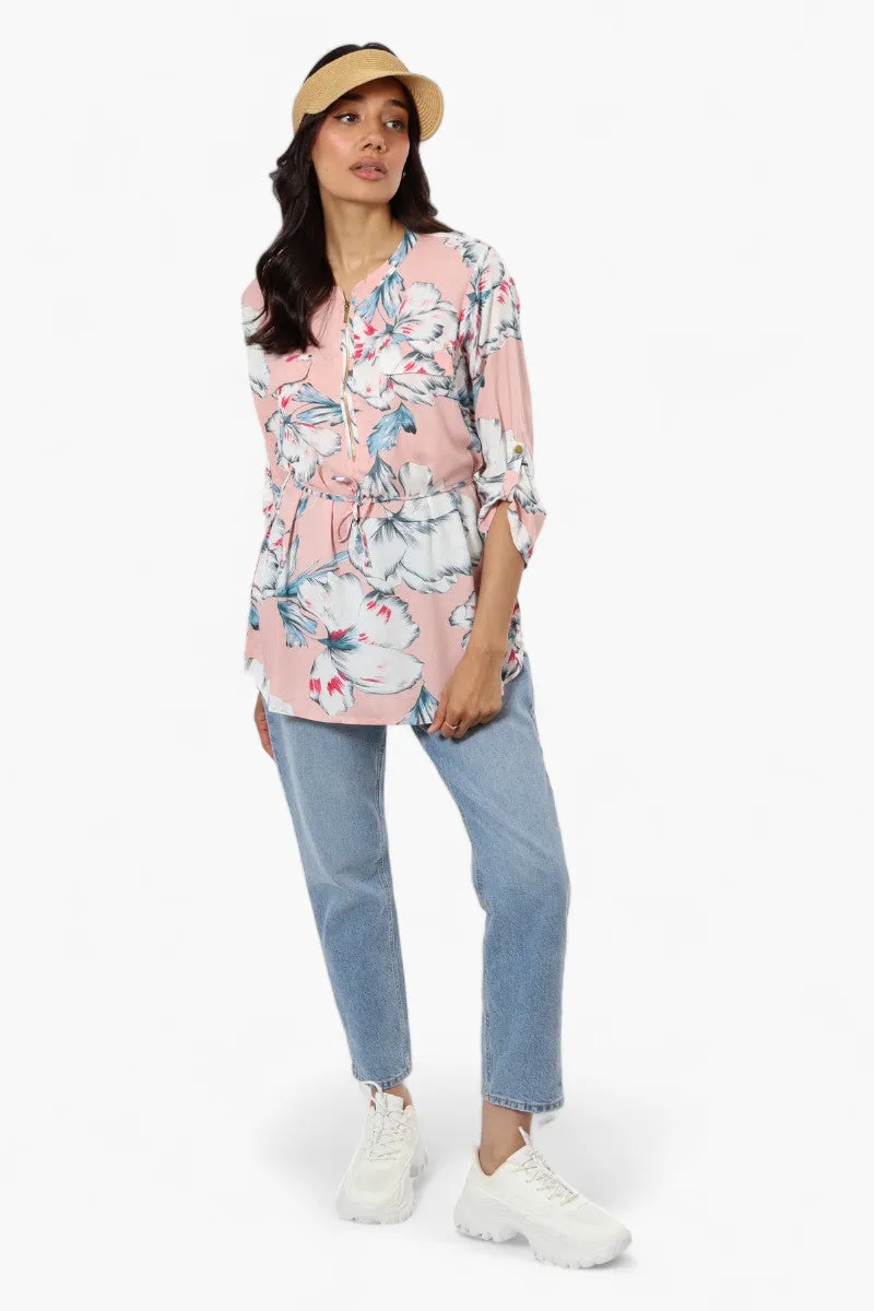 Beechers Brook Floral Belted Roll Up Sleeve Blouse - Pink