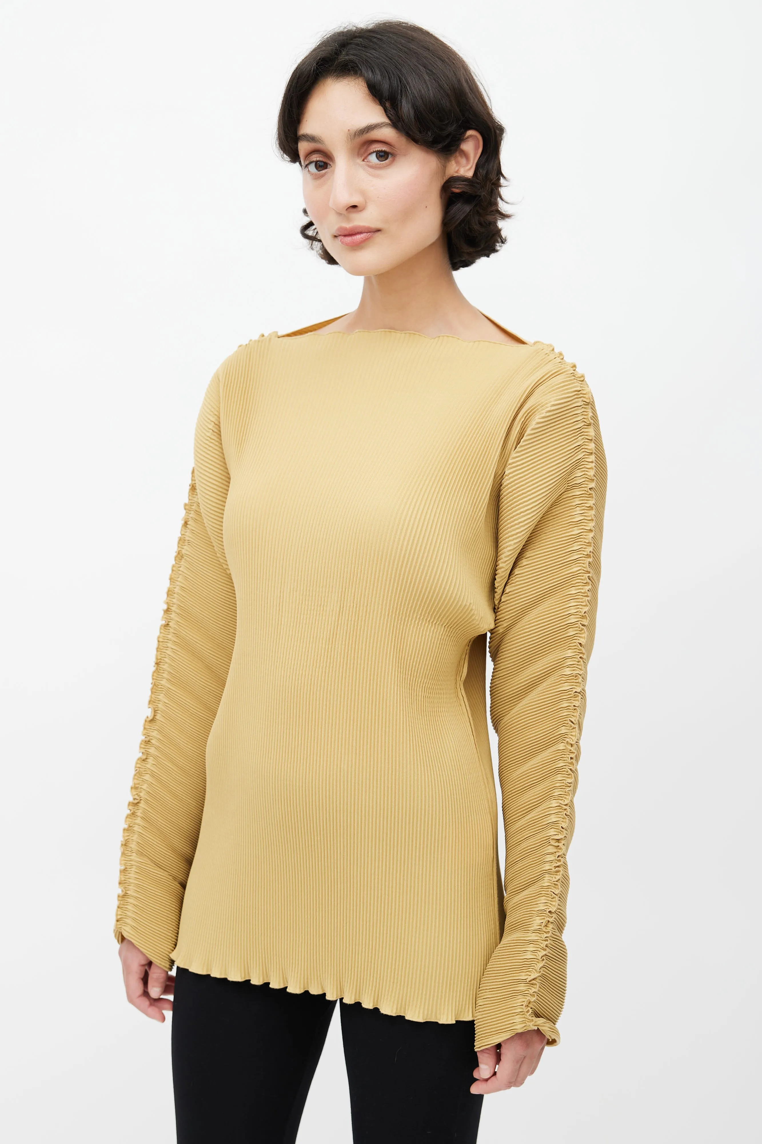 Beige Plisse Structured Top