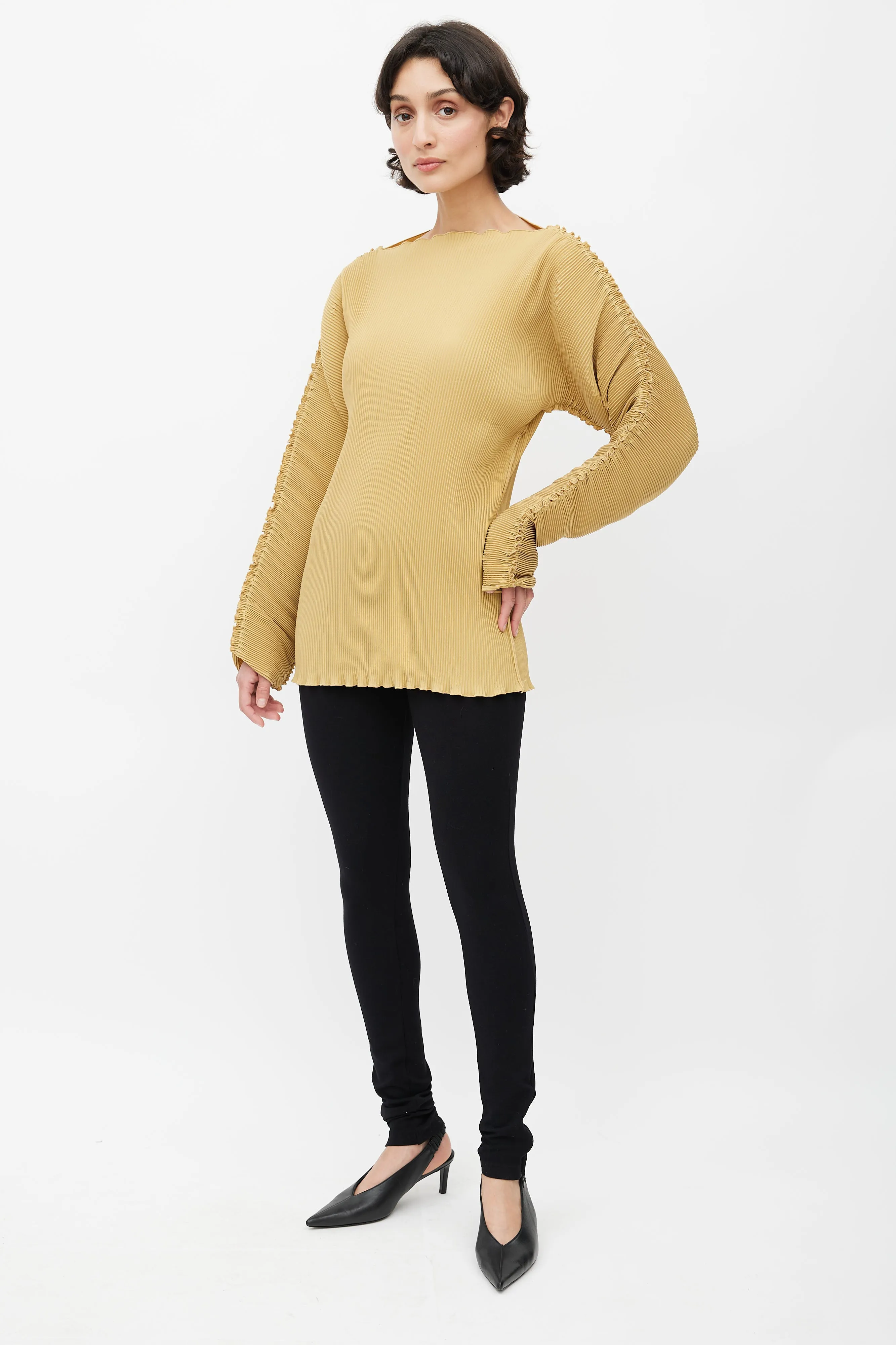Beige Plisse Structured Top