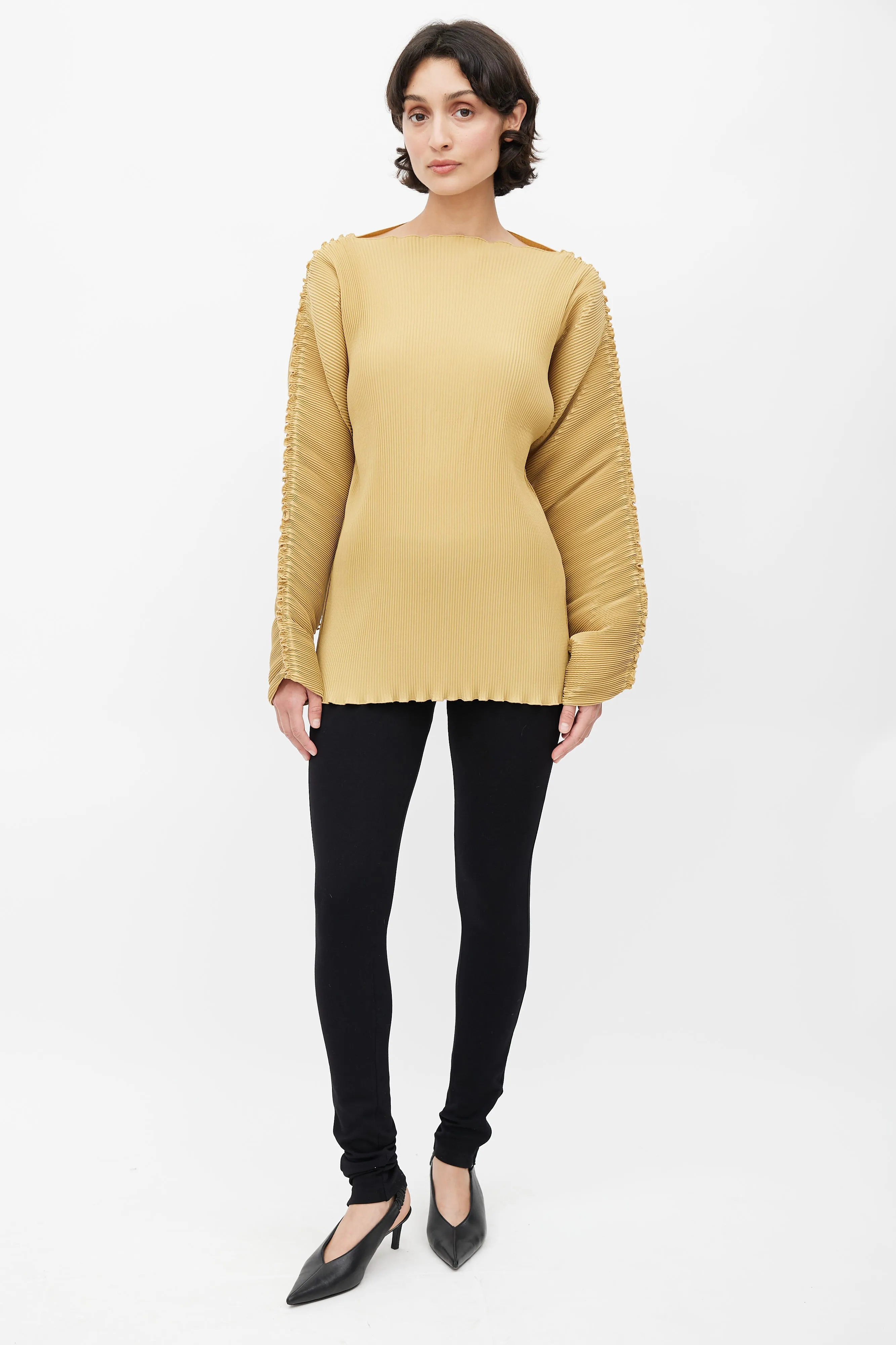 Beige Plisse Structured Top