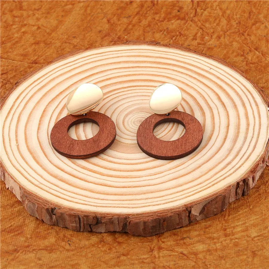 Gold Plated Hand Crafted Round Shaped Wooden Drop Earring