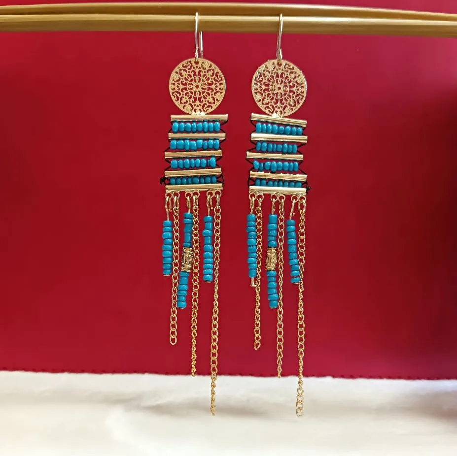 Gold Plated Hanging Long Chain Beads Bohemian Indo western Earrings