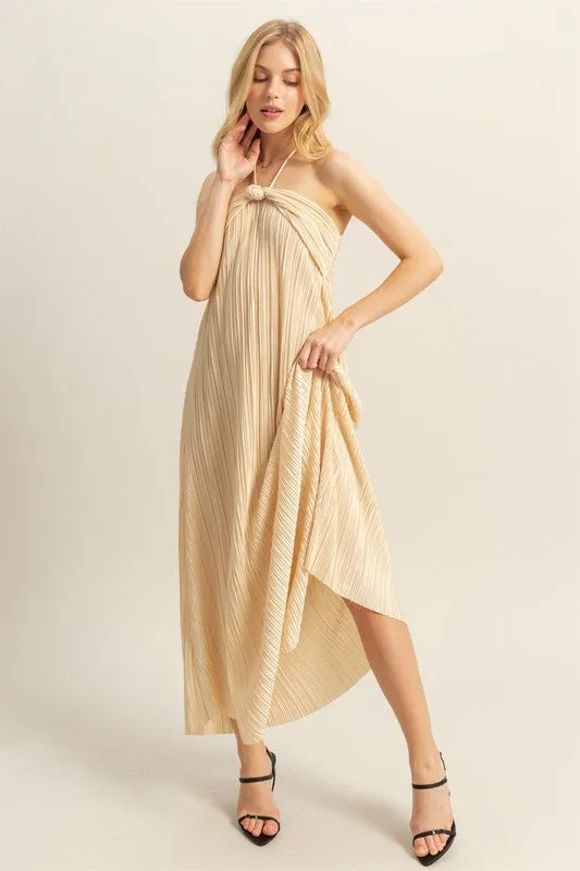 Knotted Detail Halter Neck Flowy Maxi Dress in Champagne