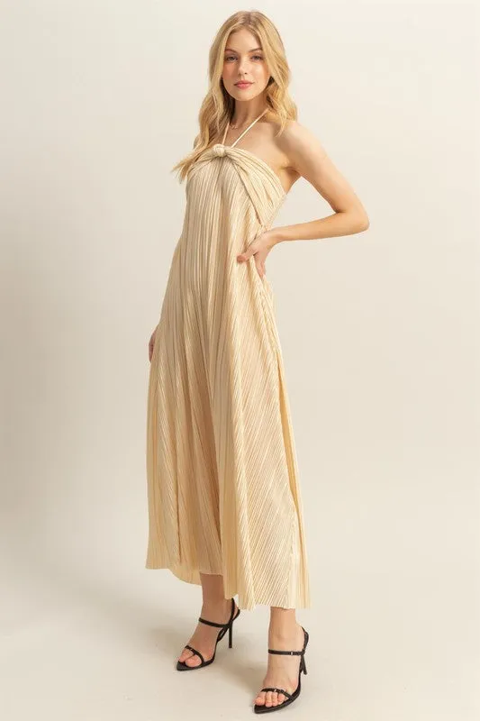 Knotted Detail Halter Neck Flowy Maxi Dress in Champagne