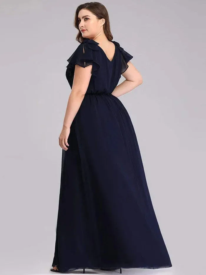 Maxi Long Chiffon Plus Size Evening Dresses with Ruffles Sleeves