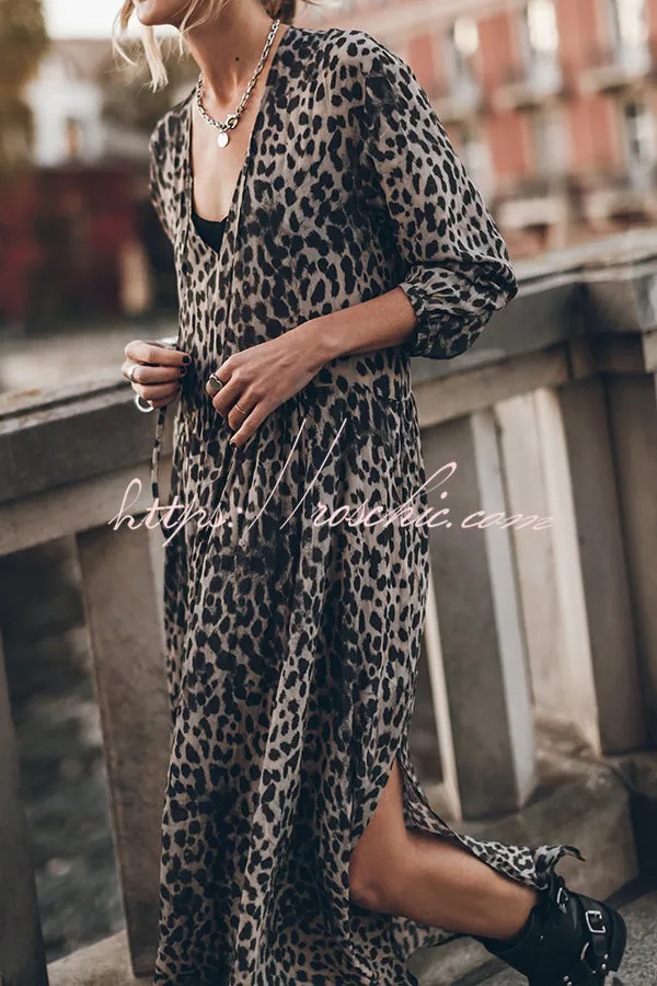 Minimal and Chic Leopard Print Long Sleeve A-line Slit Flowy Maxi Dress