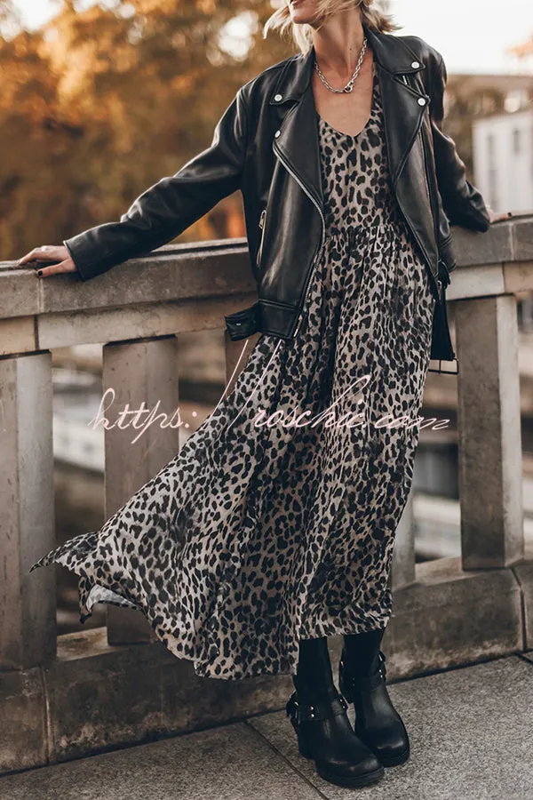 Minimal and Chic Leopard Print Long Sleeve A-line Slit Flowy Maxi Dress