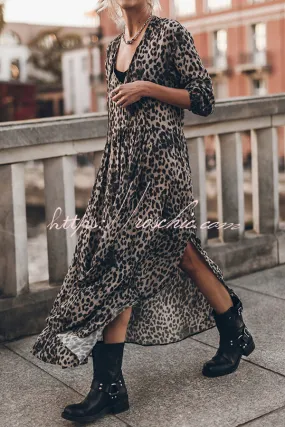 Minimal and Chic Leopard Print Long Sleeve A-line Slit Flowy Maxi Dress