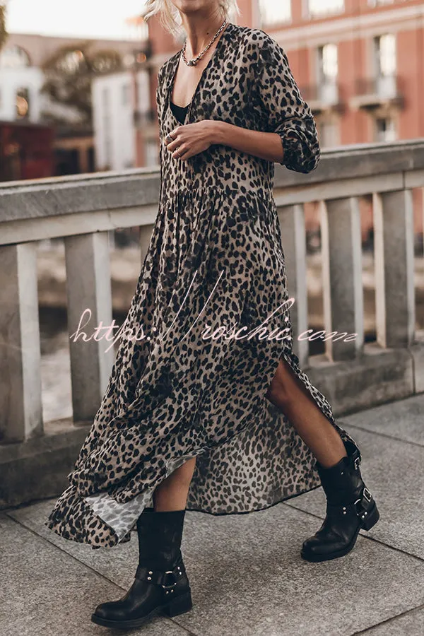 Minimal and Chic Leopard Print Long Sleeve A-line Slit Flowy Maxi Dress