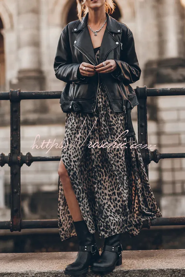 Minimal and Chic Leopard Print Long Sleeve A-line Slit Flowy Maxi Dress