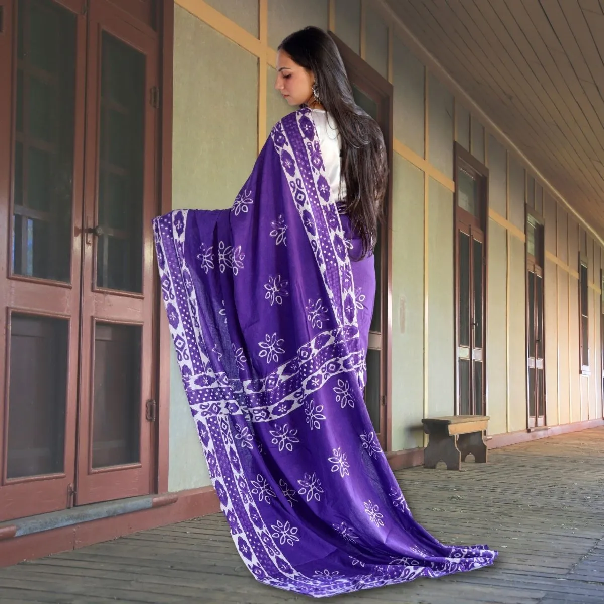 Purple & White Muslin Saree | Artistic Batik Print | Office Wear | Festive