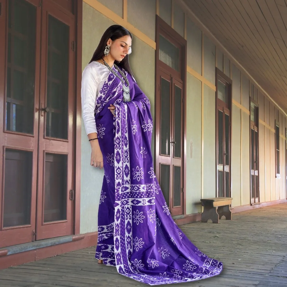 Purple & White Muslin Saree | Artistic Batik Print | Office Wear | Festive